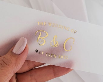 Gold Foiled Vellum Wedding Belly Band, Personalized Wedding Stationery, Custom Wedding Invitations Wrap, Wedding Band, Gold Foiled Lettering