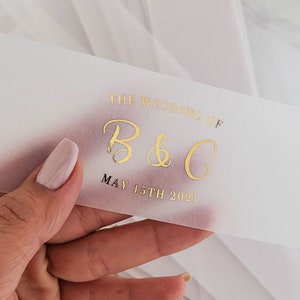 Gold Foiled Vellum Wedding Belly Band, Personalized Wedding Stationery, Custom Wedding Invitations Wrap, Wedding Band, Gold Foiled Lettering image 1