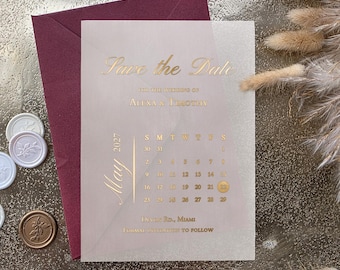 Save the Date with Vellum Calendar, Gold Foil Wedding Save the Date, Frosted Transparent Invitation, Modern Minimalist Wedding Card