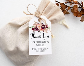 Personalized Burgundy Wedding Favor Tags, Boho Floral Thank You Tags, Rustic Fall Wedding Gift Labels