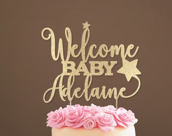 Adorno para pastel de bienvenida al bebé con purpurina dorada, decoración para pastel de bienvenida al recién nacido, adorno personalizado para baby shower.