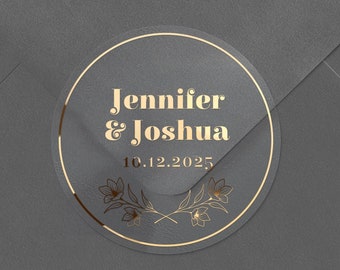 Gold Foil Wedding Stickers,  Clear Floral Envelope Seals, Personalized Wedding Labels for Invitations and Gifts