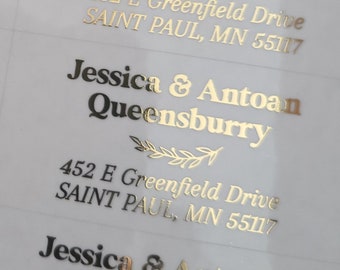 Autocollants d’étiquettes d’adresse de retour clairs en feuille d’or avec ornement floral - Transparent et blanc-or rose ou argent Nom personnalisé Petites étiquettes
