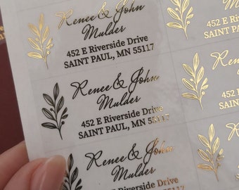 Clear Return Address Labels with Gold Foiled Print, Clear Rose Gold Address stickers for Wedding Invitations, Save The dates, Family,Couples