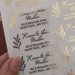 Duidelijke retouradreslabels met gouden verijdelde print, duidelijke rose gouden adresstickers voor huwelijksuitnodigingen, bewaar de data, familie, koppels