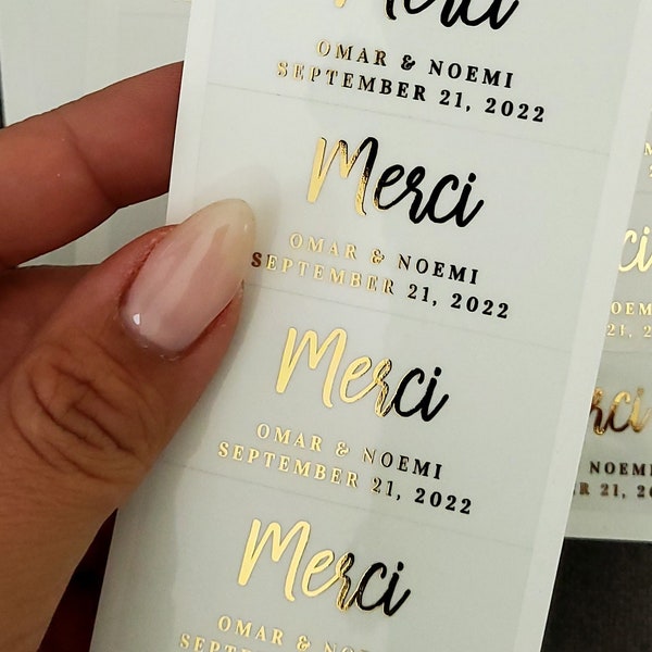 French Merci Wedding Stickers for Favors, Clear and Gold Custom Stickers Labels, Small Wedding Favor Stickers, Rectangular Wedding Labels