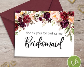 Thank you Card for Bridesmaid, Burgundy Bridesmaids Thank you Card, Thank you for being my Bridesmaid, Wedding Thank You Card, BULK PACK