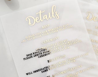 Wedding Enclosure Card, Vellum Enclosure Card, Gold Foiled Enclosure Card, RSVP Wedding Card, Wedding Program, Sitting Chart Wedding Details