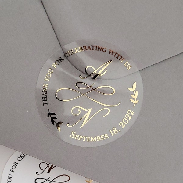 Autocollants de mariage monogramme pour les faveurs, autocollants de faveurs de mariage de remerciement, étiquettes de faveur de mariage personnalisées claires et dorées, or rose