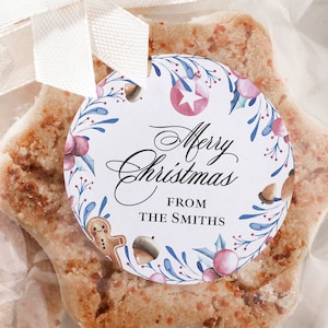 Gingerbread wreath Merry Christmas Round Stickers Personalized Christmas Gift  Wrapping Labels Xmas Cookies Stickers Blue Holiday Sticker