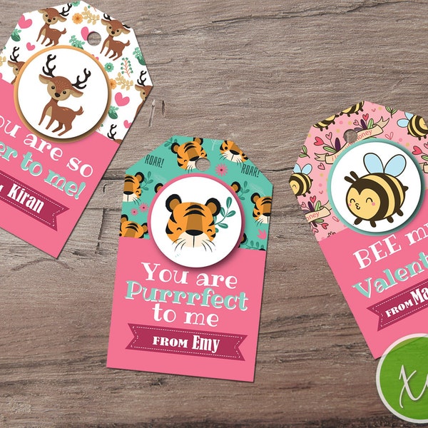 Kids Valentine Favors Funny Animal Gift Tags for School Valentine Class Valentine Cute Valentine Favor Tag Bee my Valentine Deer to me