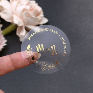Bloemenhuwelijksstickers voor gunsten, duidelijke en gouden etiketten met bloemen voor bedankjes, huwelijksgunsten en geschenken, voor doos, fles, beker, tassen