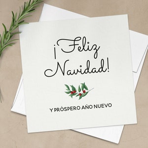 Carte espagnole Feliz Navidad avec baies de Noël, carte Feliz Navidad y Prospero año Nuevo, carte joyeux Noël bonne année, salutations