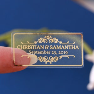 Pegatinas rectangulares pequeñas personalizadas para recuerdos de boda: etiquetas de recuerdo con lámina de oro transparente o blanco.