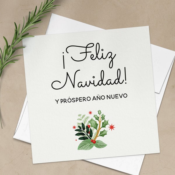 Feliz Navidad Card, Spanish Merry Christmas Card,  Prospero año Nuevo, Happy New Year Card, Christmas Berries Mistletoe Xmas Gift Card