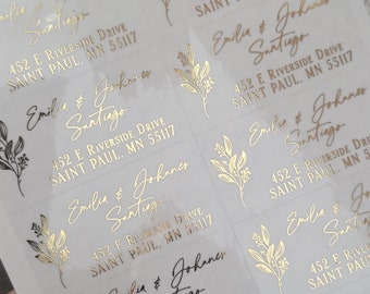 Étiquettes d'adresse transparentes avec fleur en feuille d'or, autocollants d'adresse avec noms personnalisés, or rose, famille, couple, mariages, réservez les dates