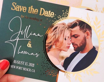 Foiled Wedding Save the Date with Custom Photo, Personalized Elegant Save the Date in Gold, Silver, Rose Gold, Modern Wedding Save the Date