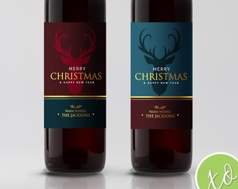 Etiquetas de vino de Navidad Fiesta navideña personalizada Etiqueta de botella de vino tinto y dorado Felices fiestas personalizadas Fiesta de Navidad Etiquetas de vino de Nochevieja