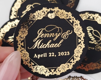 Round Frame Gold Foiled Custom Wedding Favor Tags in Black, Red, Blue, White, Personalized Wedding Gift Bag Hang Tags Elegant Wedding Favors