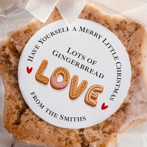 Gingerbread Love Merry Christmas Adesivi Etichette natalizie Confezioni natalizie personalizzate Biscotti Bomboniere per la famiglia