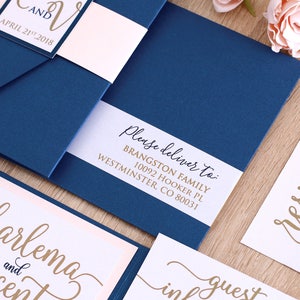 Blush and Navy Wedding Invitation Suite, Navy and Gold Wedding Invitations, Wedding Pocket Invitations