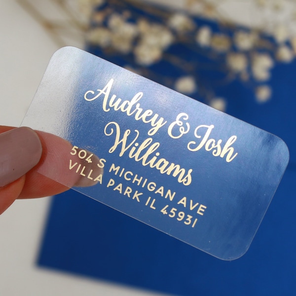 Custom Clear Return Address Labels, Gold Foil Stickers, Rose Gold, Silver, Transparent Address Stickers, Return Mailing Stickers, Wedding
