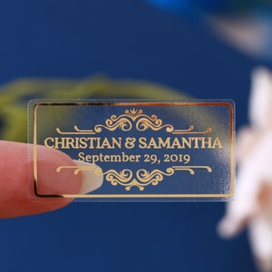 Adesivi per matrimonio di ringraziamento personalizzati personalizzati per bomboniere, etichette per bomboniere rettangolari trasparenti e dorate, piccoli adesivi dorati