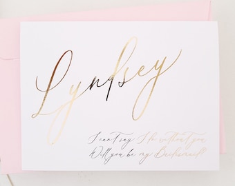 Tarjeta de propuesta para damas de honor con detalles en lámina dorada, tarjeta personalizada para la fiesta de bodas.