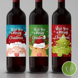 Personalized Merry Little Christmas Wine Labels | Santa Reindeer Tree Set | Holiday Bottle Tags