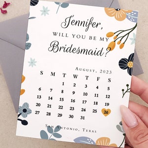 Kalenderkaart bruidsmeisje voorstel, gele en grijze bloemen gepersonaliseerde bewaar-de-datum geschenkdoos bruidsmeisje, insteekkaart bruidsmeisje, voorstel bruidsmeisje