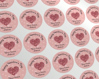 Etichette adesive personalizzate per San Valentino in classe per bambini con cuore rosa glitterato, Etichette per regali per San Valentino per la scuola, adesivi per borse da dolcetto