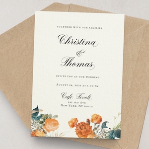 Suite de faire-part de mariage bohème vintage, ensemble d'invitations de mariage fleurs d'été, RSVP, carte QR de site Web, détails, suite florale chic jaune orange