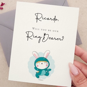 Gepersonaliseerd: word jij onze voorstelkaart voor ringdrager, leuke trouwkaart voor ringdrager met schattige illustratie, Page Boy Junior stalknechtkaart
