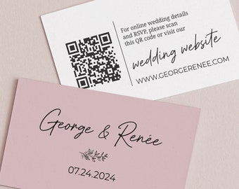 Carte de site Web de mariage classique avec code QR, site Web de mariage élégant dans les tons rosés, intercalaires, RSVP en ligne carte avec boîtier en or, carte personnalisée