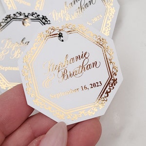 Personalized Gold Foiled Thank you Tags with Custom Names, Elegant Floral Frame-Rose Gold-Hexagon-Wedding Favors-Birthday-Quinceanera-Shower