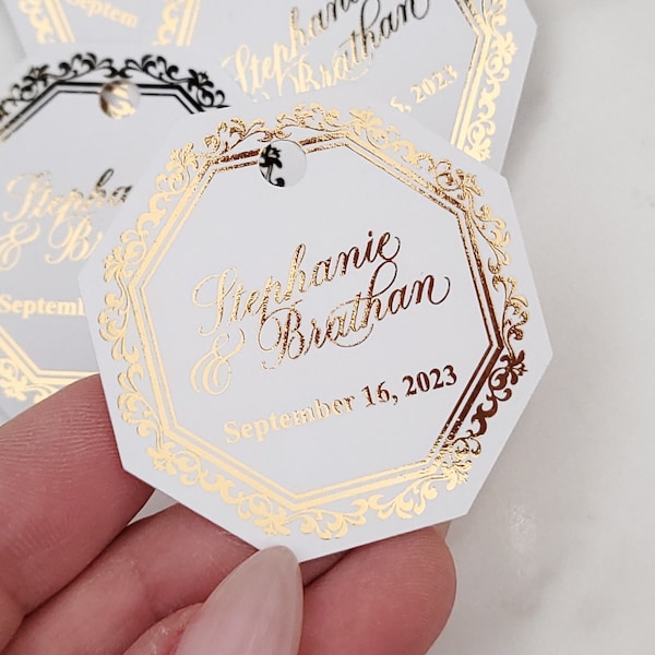 Personalized Gold Foiled Thank you Tags with Custom Names, Elegant Floral Frame-Rose Gold-Hexagon-Wedding Favors-Birthday-Quinceanera-Shower