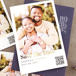 Aimant photo « Save the Date » en feuille d'or pour invitations de mariage avec code QR, aimants de mariage en or rose Save the Date pour réfrigérateur - Petits et grands