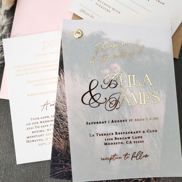 Wedding Invitations with RSVP, Wedding Invitation Set, Vellum Wedding Invite Suite with Gold Foil, Rose Gold Wedding Invitations with Photo