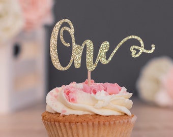 First Birthday Cupcake Toppers, Girl, Gold, Glitter, ONE, Party Decorations, 1st Birthday, Party, Cupcake Toppers, Cupcake Picks, Birthday
