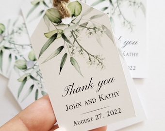 Small Greenery Personalized Thank you Wedding Tags with Eucalyptus, Favors for-Birthday, Baptism, Bridal Shower, Baby Shower - Rustic Tags