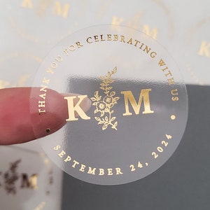 Pegatinas de boda para regalos transparentes, Pegatinas de boda personalizadas doradas, Pegatinas de boda, Monogramas de pegatinas de agradecimiento, Etiquetas de recuerdo de boda