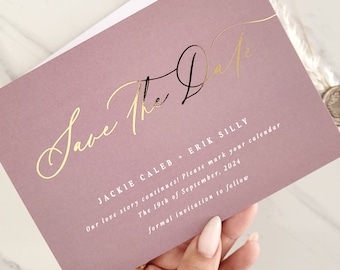 Dusty Rose Save the Date Cards for Weddings with Gold Foil, Rose Gold Wedding Cards with Envelopes, Wedding Announcement Template Cards