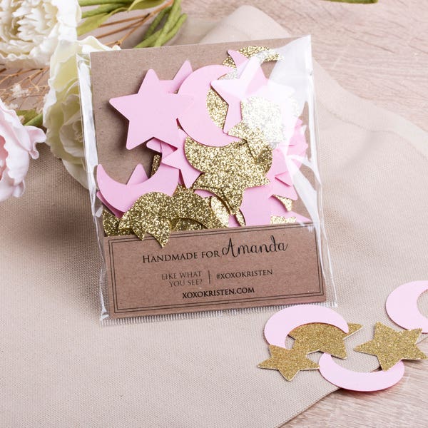 Set of Twinkle Twinkle Baby Shower Confetti, Pink and Gold Birthday Confetti, Moon and Star Confetti Party Decorations, Girl Baby Shower