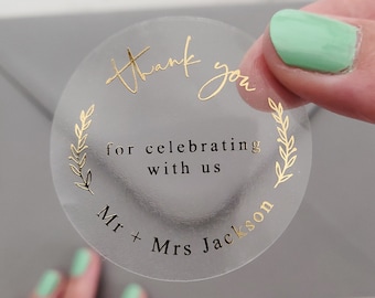 Personalized Wedding Stickers for Favors with Gold foil, Clear Rose Gold Custom Thank You Stickers, Small Mr and Mrc Wedding Favor Stickers