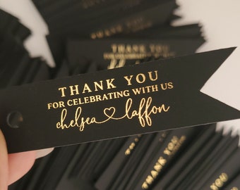 Etiquetas de agradecimiento frustradas en oro negro pequeño personalizadas para favores de boda, cumpleaños, quinceañera, bpatismo, etiquetas personalizadas de favor en oro negro y rosa