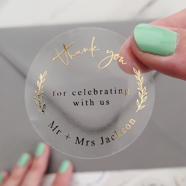 Personalized Wedding Stickers for Favors with Gold foil, Clear Rose Gold Custom Thank You Stickers, Small Mr and Mrc Wedding Favor Stickers