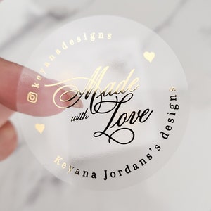 Custom Round Gold Foil Clear Transparent Made with Love Label Stickers with Fancy Script Labeling for Small business candles box pack cookie