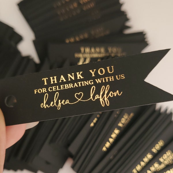 Custom Small Black Gold Foiled Thank you Tags for Wedding Favors, Birthday, Quinceanera, Bpatism, Personalized Black & Rose Gold Favor Tags