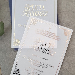 Gold Foiled Baptism Invitations Personalized for Girl or Boy, Custom Vellum Christening, Dedication, Communion Invitations with Gold Cross