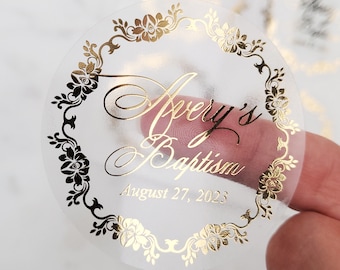 Clear Baptism Stickers for Favors with Gold, Rose Gold Silver foil, Personalized Baptism Favor Stickers Labels, Luxury Elegant Favors